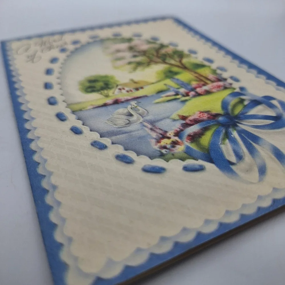 Vintage Greeting Card‎ A Word of Cheer Swan Lake Scene Blue Ribbon
